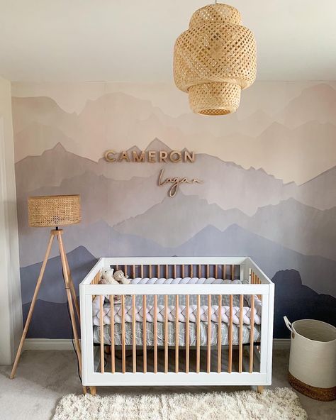 Nice tones but I would not do mountains. Since we are in the Midwest, I think relatable scenes like farmland/crop line, hills, apple trees, etc. Mountain Nursery Theme, Nursery Themes Neutral, Boy Nursery Themes, Baby Room Themes, Baby Room Neutral, Baby Nursery Themes, Nursery Mural, Nursery Room Design, Baby Room Inspiration