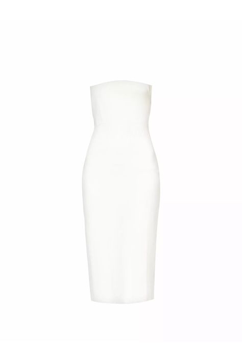 Fine knit textured midi dress. Strapless bandeau shape. Ribbed panels.  Slim fit.  Slips on.  Stretch fabric. 80% Viscose, 20% Polyamide.  Dry clean only. Midi Dress Strapless, Sydney White, Knit Bandeau, Dinner Party Outfits, Ribbed Paneling, White Strapless Dress, Strapless Bandeau, Ribbed Midi Dress, Rich Girl