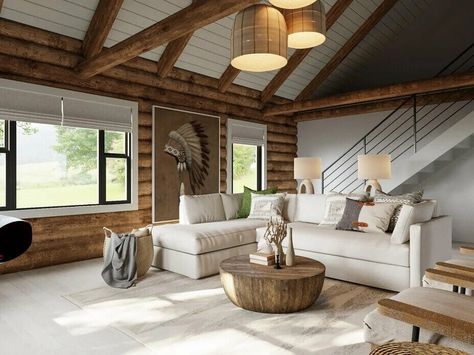 Log Home Renovation Cabin Interiors, Cabin Interior Remodel, Diy Cabin Renovation, How To Make A Log Cabin Look Modern, Modernizing A Log Cabin, Modern Log Cabin Interior Pendant Lights, Log Home Modern Interiors, Light Log Cabin Interior, Modernize Log Home