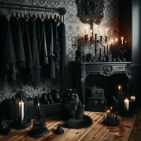 Alissa Core, Goth Home Aesthetic, Modern Goth Home, Witch Aesthetic Bedroom, Dark Home Aesthetic, Gothic Lifestyle, Gothic Manor, Tiffany Room, Home Fall Decor