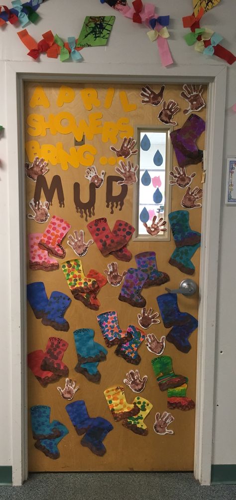 Spring Classroom Door April Showers Bring... MUD! Spring Showers Bring... MUD! muddy rain boots and muddy hand prints Room Door Ideas, Classroom Door Ideas, Spring Classroom Door, April Preschool, Winter Board, Spring Door Decoration, Board Classroom, Infant Classroom, April Crafts