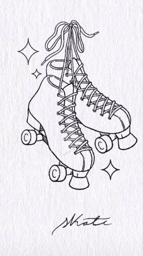 Roller Skates Drawing Easy, Rollerskating Drawing Reference, Rollerskate Drawing Reference, Roller Skates Tattoo Ideas, Roller Skates Drawing Reference, Roller Skates Sketch, How To Draw A Roller Skate, Roller Skate Drawing Easy, Rollerblades Tattoo