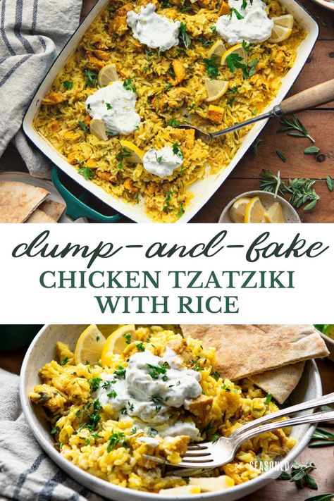 The easiest chicken tzatziki bakes in a casserole with rice, and is finished with a creamy, garlicky yogurt sauce, fresh lemon, and bright herbs. Pair the dish with crisp veggies and pita bread for a light, healthy, and flavorful meal! Chicken Tzatziki, Casserole With Rice, Chicken And Rice Casserole, Bake Chicken, Yogurt Sauce, Chicken And Rice, Rice Casserole, Pita Bread, Mediterranean Diet Recipes