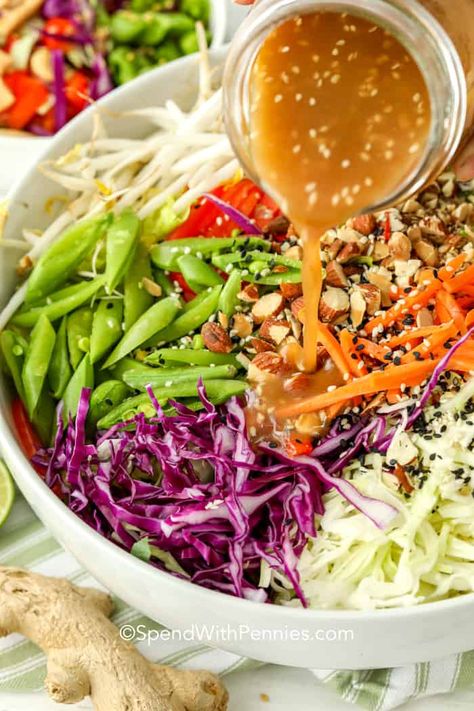 Chopped Salad Dressing, Salad Base, Asian Chopped Salad, Asian Salad Recipe, Asian Inspired Salad, Sesame Ginger Dressing, Ramen Noodle Salad, Spend With Pennies, Asian Salad