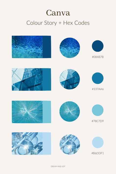 A beige background with four photos of glass in varying shades and then a bubble with the same photo beside them. Beside that is a colour bubble in a shade pulled from each photo with the corresponding hex code of it underneath. Canva Hex Codes, Canva Color Palette Codes Blue, Canva Colour Palettes Code, Cloud Color Palette, Turquoise Color Palette, Landscape Design Drawings, Brand Palette, Crystal Drawing, Website Color Palette