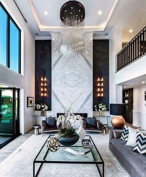 High Ceiling Fireplace Wall, Double Height Living Room, Mediterranean Bathroom, Nyc Townhouse, High Ceiling Living Room, Luxury Living Room Design, Perfect Living Room, Modern Hallway, Design Room