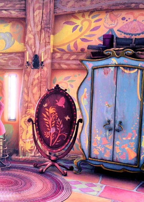 "I love how simple yet whimsical Rapunzel's tower is. I'd love to paint this for a little girl's room." Tangled Bedroom, Tangled Room, Rapunzel Room, Rapunzel's Tower, Concept Art Landscape, Rapunzel Tower, Deco Disney, Rapunzel Disney, 동화 삽화