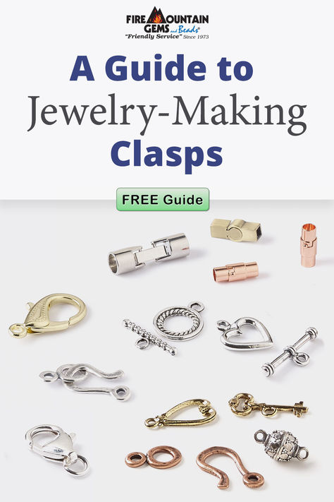 Clasps do much more than keep a piece of jewelry closed--they play a key role in jewelry designs. Find the right style for every DIY project, whether you are looking for a necklace clasp, bracelet clasp or anklet clasp, with this FREE clasp style guide and easy reference chart.  #FMGKnows #JewelryClasps Unique Jewelry Clasps, Jewelry Findings Guide, Diy Jewelry Clasp, Free Jewelry Making Projects, Clasps For Jewelry, Beaded Pendants, Easy Reference, Diy Jewelry Tutorials, Necklace Clasp