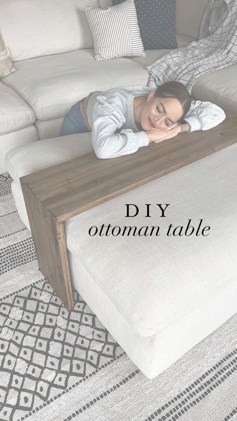 1.4M views · 10K reactions | Ottoman table with waterfall edge. I don’t have room for both a regular coffee table and ottoman. We use the ottoman all the time but I like the option to have a table too. . And it nests perfect behind the sofa under the consult table when we’re not using it. . Not bad, right?! . #diytable #livingroominterior #livingroomdecoration #fixerupper #builtnotbought | Tara Salas | The Crystal Casino Band · Waste My Time Sectional Slide Table, Table Top For Ottoman, Ottoman With Sliding Table, Storage Bench As Coffee Table, Living Room With Ottoman And Coffee Table, Coffee Table Behind Couch, Waterfall Edge Coffee Table, Sectional Slide Table Diy, Ottoman With Waterfall Table