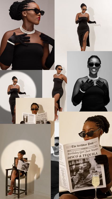 30th Birthday Photoshoot Themes, Classy Black Dress Photoshoot, 20 Year Old Birthday Photoshoot Ideas, Classy Black Women Photoshoot, Minimalist Birthday Photoshoot Ideas, Birthday Ideas For 50th Birthday Woman, Movie Themed Photoshoot, 32 Birthday Theme, Creative Shoots Photography