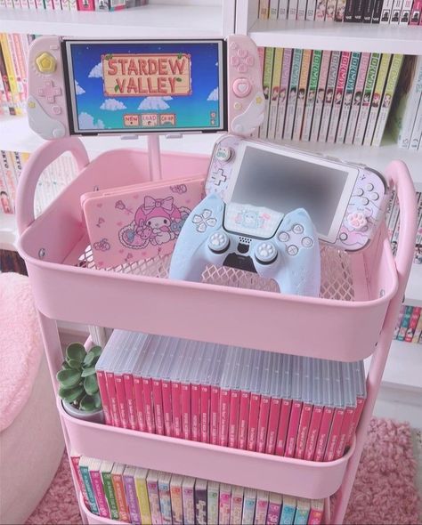 Girls Gamer Room, Nintendo Switch Storage Ideas, Kirby Gaming Setup, Kirby Room Ideas, Girly Gaming Room, Nintendo Switch Storage, Gamer Girl Room, Gamer Girl Setup, Aesthetic Gaming Setup