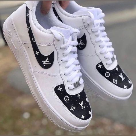 Air Force 1 Louis Vuitton, Painted Nike Air Force, Lv Logo, Logo Shoes, Air Force 1 Custom, Custom Air Force 1, Black And White Sneakers, Custom Sneakers, Black And White Design