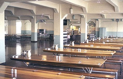 Mess Hall Table Mess Hall Aesthetic, Writing Scenes, Mess Hall, Outdoor Lunch, Camp Jupiter, Brutalism Architecture, Beer Hall, Gym Room, Bay House