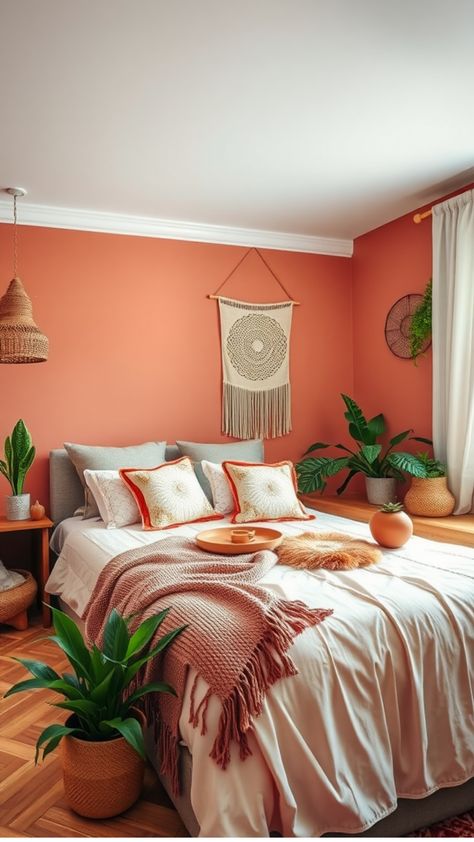 Cozy bedroom with a bohemian style decor, featuring a soft bed, macramé wall art, and various plants. Orange Boho Bedroom, Dark Teal Bedroom Ideas, Orange Bedroom Ideas, Orange Drapes, Academia Bedroom, Comfortable Reading Nook, Bedroom Eclectic, Light Blue Kitchens, Beige Room