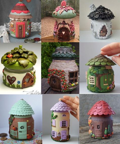 Hand picked polymer clay tutorials: Flowers, Jewlerry, Office decor, Preasents, Sweets, Wedding and much more. Kaktus Dan Sukulen, Clay Box, Clay Fairy House, Polymer Clay Fairy, Clay Jar, Fairy House Diy, Fairy Garden Crafts, Mushroom Fairy, Tanah Liat