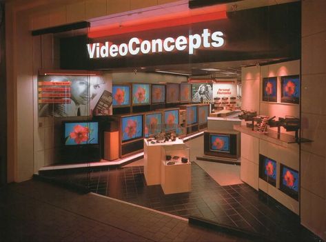 80s Mall, Starcourt Mall, 90s Interior, Dead Malls, Vintage Mall, 80s Interior, Tv Store, Home Entertainment Centers, Retro Interior Design