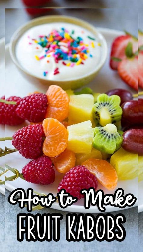 This recipe for fruit kabobs is a rainbow of fruit served on skewers with a yogurt dipping sauce. Yogurt Dipping Sauce, Healthy Snack For Kids, Easter Fruit, Baby Shower Fruit, Fruit Kebabs, Fruit Appetizers, Fruit Platter Designs, Snack For Kids, Spring Fruit