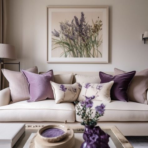 Lounge Color Ideas, Purple And Cream Living Room, Blush Purple Bedroom, Purple Cushions Living Room, White And Lavender Living Room, Lilac And Cream Bedroom, Beige And Purple Living Room, Lavender Apartment Decor, Plush Sofa Living Rooms