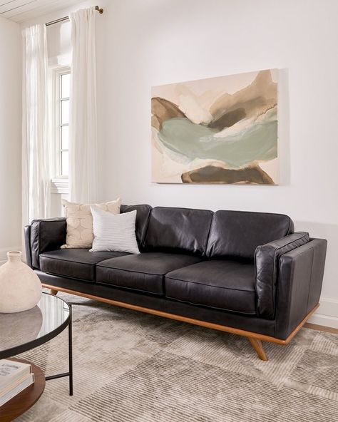 Article on Instagram: “The #TimberSofa is sinkable and plush but cleans up real nice.” Black Leather Couch Living Room, Oak Wood Trim, Black Leather Couch, Stained Trim, Leather Couches Living Room, Black Accent Walls, Leather Sofa Living Room, Black Leather Sofas, Black Ottoman