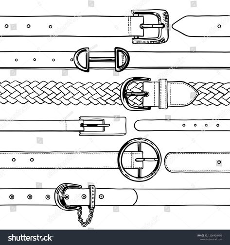 Sketch of five leather belts with buckles. Black and white vector illustration belts#buckles#Sketch#leather Belt Drawing Fashion Illustrations, Belt Illustration Fashion Sketches, How To Draw A Belt, Belt Technical Drawing, Handbags Sketches, Belt Drawing, Band Tattoo Designs, Fashion Figure Drawing, Black And White Vector