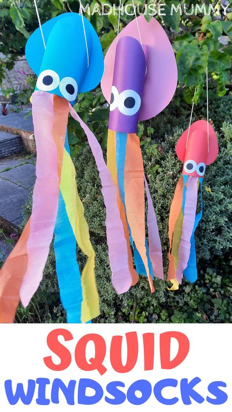 How adorable are these squid windsocks? They're an easy craft for kids and so much fun to play with In the garden. #craftsforkids #oceancrafts #undertheseacrafts #craftsforchildren Ocean Crafts For Kids, Windsock Craft, Wind Socks, Ocean Theme Crafts, Ocean Animal Crafts, Under The Sea Crafts, Ocean Theme Preschool, Summer Camp Crafts, Toddler Arts And Crafts