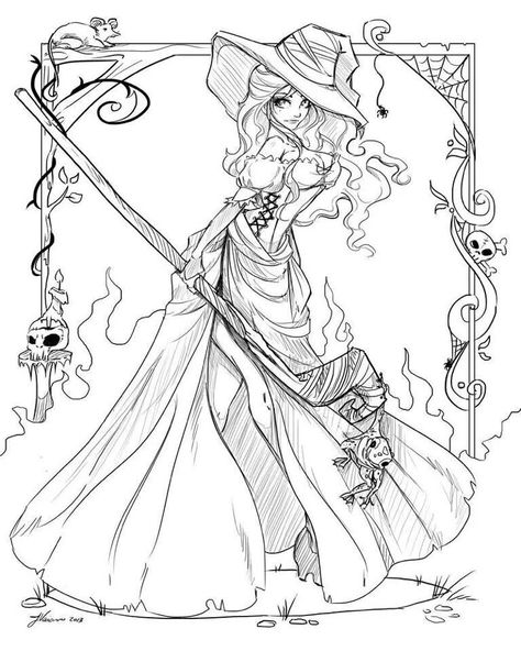 Witch Art Coloring Page for Adults Witch Coloring Pages, Dragons Crown, Adult Coloring Designs, Fairy Coloring, Adult Coloring Book Pages, Halloween Drawings, Coloring Pages For Girls, Halloween Coloring Pages, Witch Art