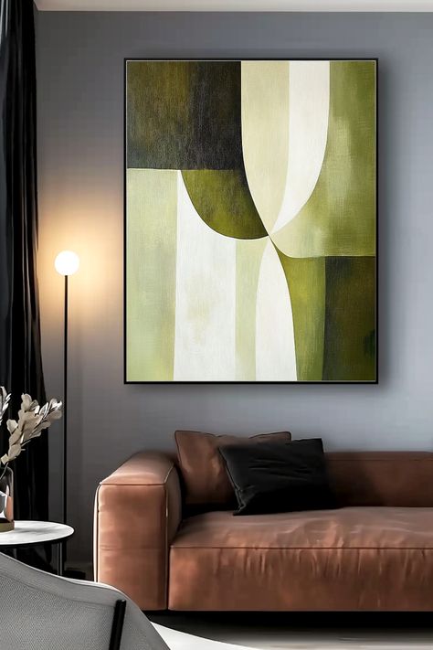 Original handmade geometric abstract painting with olive green and cream shapes on canvas Geometric Abstract Painting, Cream Tones, Handmade Artwork, Geometric Abstract, Olive Green, Abstract Painting, Abstract Art, Paintings, Cream