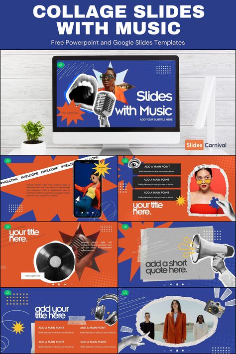 Looking to captivate your audience? This slideshow template is perfect for everyone from students to professionals. Crafted in a vibrant maximalist collage style with striking blue and orange hues, it’s designed to make your content pop. Ideal for project pitches, classroom presentations, or any occasion where you need that extra flair. Plus, the seamlessly integrated music will keep your viewers engaged from start to finish. Transform your ideas into a dynamic visual experience today! Music Presentation Template, Collage Presentation Design, Maximalist Collage, Collage Presentation, Canva Presentation Ideas, Orange Maximalist, Orange Presentation, Vibrant Maximalist, Music Presentation