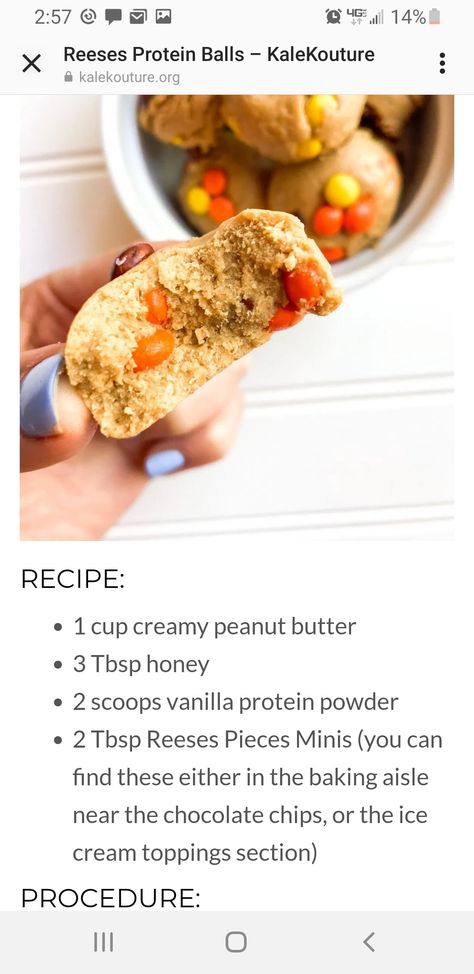 Reese’s Protein Balls, Reeses Pieces Protein Balls, Protein Hacks, Pb2 Recipes, Breastfeeding Snacks, Protein Water, Protein Food, Energy Ball Recipe, Protein Treats