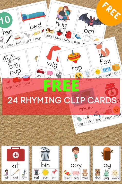 Cvc Clip Cards Free, Rhyming Clip Cards Free Printable, 1st Grade Rhyming Activities, Rhyming Preschool Printables, Rhyming Flashcards Free Printable, Rhyming Cards Free Printable, Free Rhyming Printables, Rhyming Words Worksheets Preschool, Cvc Word Lists Free Printable