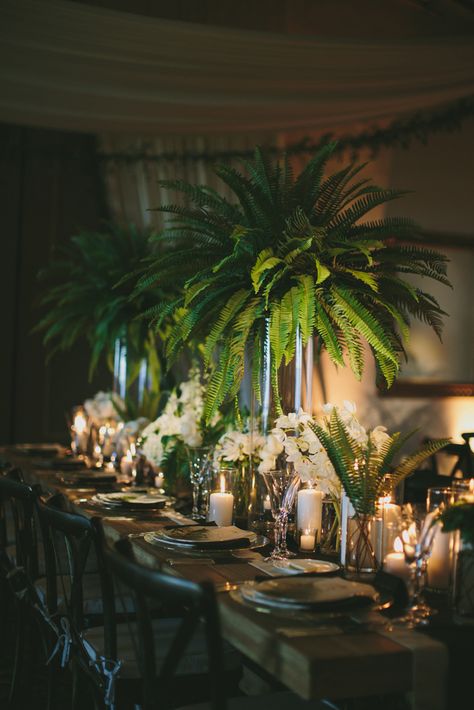 This Santa Barbara wedding features fun tropical décor, a gorgeous outdoor ceremony, and perfectly elegant reception details. Anniversary Ideas, Tropical Wedding Centerpieces, Greenery Wedding Centerpieces, Fern Wedding, Candles Flowers, Elegant Wedding Centerpiece, Tropical Home Decor, Santa Barbara Wedding, Elegant Dinner