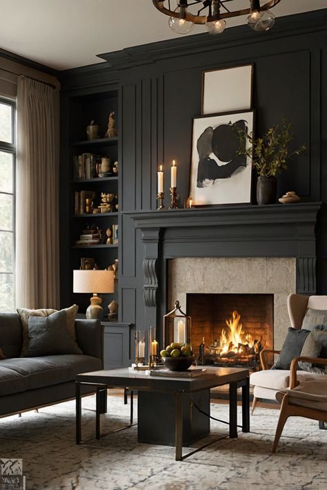 9 Tips To Make a Small Room Feel Bigger - Marissa Cal Home Home Snug Room Ideas, Black Fireplace Styling, Dark Wall With Fireplace, Fireplace Paneling Wall Living Room, Moody Living Room Fireplace, Narrow Living Room Decor Ideas, Parlor Room Ideas Victorian Interiors, Seating By Fireplace, Timeless Fireplace Ideas