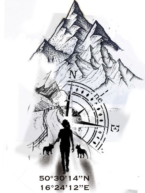 Clock And Mountain Tattoo, Compass With Mountains Tattoo, Small Camping Tattoo, Tattoo Berge, Cool Nature Tattoos, Moutain Tattoos, Mutterschaft Tattoos, Chandelier Tattoo, Wilderness Tattoo