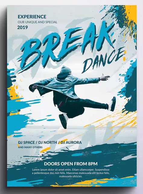 Break Dance Poster and Flyer Design Template PSD. Download Dance Event Poster, Dance Poster Design, Poster Design Kids, New Flyer, Dance Event, Hand Lettering Inspiration, Dance Poster, Event Poster Design, Creative Flyers