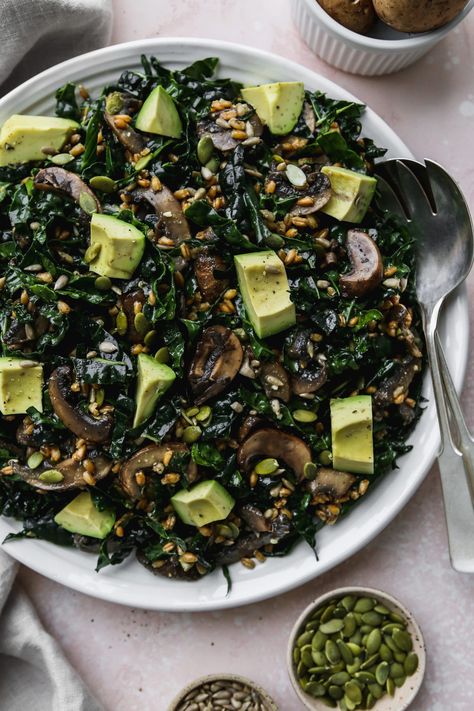 Mushroom Salad, Warm Mushroom Salad, Walder Wellness, Farro Salad Recipes, Miso Recipe, Winter Salad Recipes, Kale Salad Recipes, Warm Salad, Miso Dressing