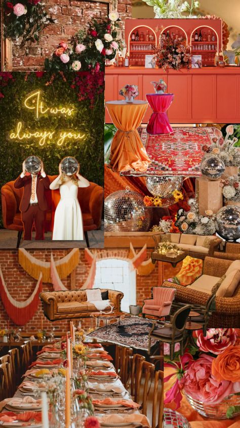 Color palette of maroon, red, orange, and yellow. Red, pink, and orange flowers. Red brick wall with empty wooden frames where bright flowers lay. A Persian rug leading to a red retro bar. Colorful napkins alternating colors or red, orange, and yellow. On the walls also hang red, orange, and ivory large fringes. All around are chic couches of various colors and sizes. Along the floors besides the flowers are big disco balls. Colorful Wedding Reception, Groovy Wedding, Mod Aesthetic, Retro Wedding Theme, Disco Wedding, Small Backyard Wedding, Carnival Wedding, Vintage Disco, Disco Theme