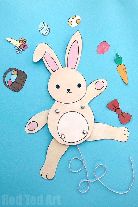 Crafts for Kids. Easter Bunny Paper Puppet - Simple STEAM Activity for Easter. Make an easy articulated Rabbit Puppet for spring or Easter. Learn the basic mechanics & crafts! Love that you can dress up your bunny and turn it into a Uni-Bunny or Bunnicorn, boy, girl, leave it plain or feed it a carrot! #easter #printables #bunny #puppet Steam Activity, Easter Paper Crafts, Easter Bunny Colouring, Red Ted Art, Paper Bunny, Paper Puppets, Puppet Crafts, Easter Bunny Crafts, Animal Crafts For Kids