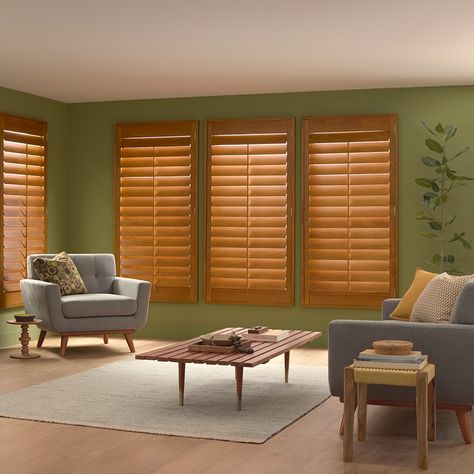 Achieve a classic, picturesque look with Premium Wood Shutters by Blinds. com, featuring solid basswood construction in a beautiful range of painted and stained finishes. Available in full, café, or double hung styles, these panels are easily customizable with 5 mounting options (dependent on window depth), 2 1/2”, 3 1/2” or 4 1/2” louvers, panel layout (dependent on size), and your choice of hinge color. Includes your choice of front or hidden tilt. Install Time: 30 - 45 minutes We Recommend: T Vintage Blinds For Windows, Indoor Shutters For Windows, Wooden Blinds For Windows, Wooden Shutters Indoor, Wood Blinds Living Room, Wood Shutters Indoor, Wood Blinds For Windows, Shutters Interior Window, Window Shutters Indoor