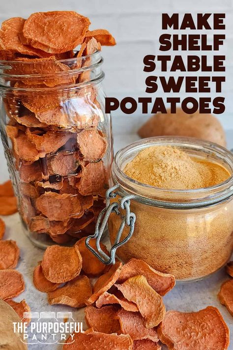 Dehydrating sweet potatoes is an excellent way to store them - whether sliced, cubed or mashed, you can have them ready year-round! Come find out how easy it is to do! Sweet Potato Chips Dehydrator, Dehydrating Sweet Potatoes, Dehydrate Sweet Potatoes, Dehydrating Vegetables, Dehydration Recipes, Sweet Potato Flour, Sweet Potato Chips Baked, Sweet Potato Powder, Freeze Sweet Potatoes