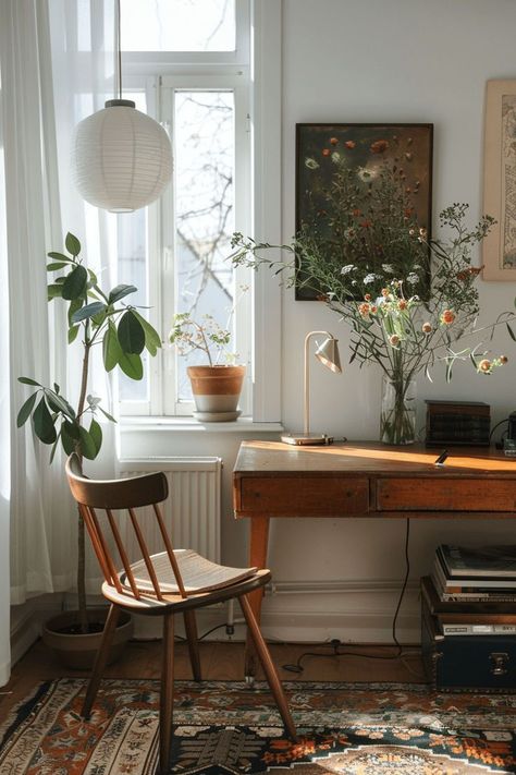 Scandi Interior Design Inspiration, Light And Bright Home Office, Vintage Inspired Interior Design, Simple Living Home, Serene Home Office, Scandinavian Academia, Cozy Interior Aesthetic, Sage Green Office Decor, Home Office Styling