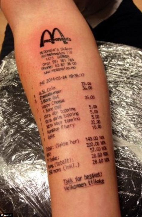 Receipt Tattoo, Worlds Worst Tattoos, At Home Tattoo Removal, Teen Tattoos, Tato Nama, Natural Tattoo Removal, Food Tattoos, Number Tattoos, Tattoo Zeichnungen