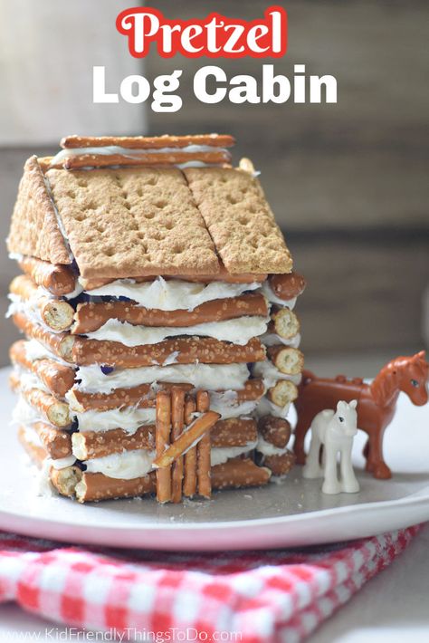 Pretzel Log Cabin, Log Cabin Craft, Pioneer Activities, Graham Cracker House, Graham Cracker Gingerbread House, Cracker House, Log Cabin Christmas, Cabin Crafts, Holly Dolly