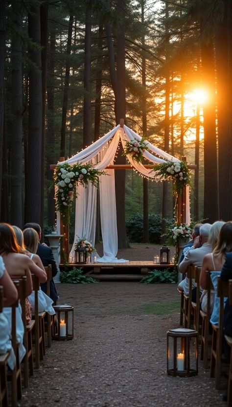 Imagine saying your vows beneath a canopy of ancient trees, where sunlight filters through the leaves, creating a whimsical glow.  This enchanted forest wedding features rustic wooden archways adorned with wildflowers, moss-covered pathways, and fairy lights that twinkle as dusk falls.  The couple’s attire is effortlessly elegant, with flowing fabrics and earthy tones that complement the natural surroundings. Garden Whimsy Wedding, Wedding Venue Nature, Rustic Woods Wedding, Wedding Venues Outdoor Simple, October Forest Wedding, Outdoor Wedding Woods, Rustic Fantasy Wedding, Sequoia National Park Wedding, Outside Forest Wedding