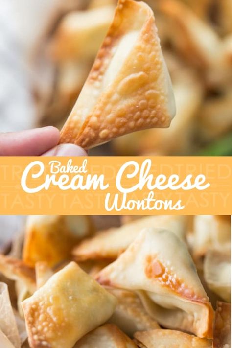 Baked Cream Cheese Wontons // These Baked Cream Cheese Wontons are the perfect appetizer. Why because they are only five ingredients, ready in less than 15 minutes and they are baked - not fried! Easy to whip together & so tasty everyone will love them! | Tried and Tasty Cream Cheese Wonton Recipes Baked, Cream Cheese Ragoons Baked, Baked Wonton Wrapper Recipes Appetizers, What Should I Bake Today, Cream Cheese Wontons Baked, Baked Wontons, Baked Cream Cheese, Wonton Wrapper Recipes, Restaurant Appetizers