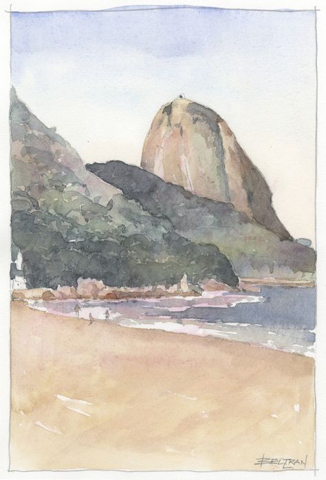 Watercolor sketch by Victor Beltran. Sketching a beach in Rio de Janeiro, pencil & watercolor Brazil Illustration Art, Costa Rica Watercolor, Beach Pencil Sketch, Rio Sketch, Brazil Sketch, Rio Painting, Beach Drawing Sketches, Brazil Painting, Brazil Drawing