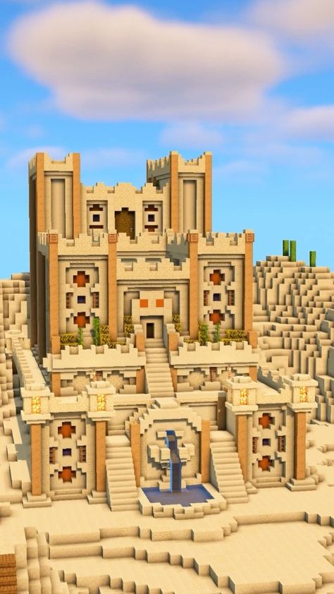 Oasis Minecraft House, Sand Castle Minecraft Build, Minecraft Desert Mega Base, Desert Starter Base Minecraft, Desert Biome House Minecraft, Desert Pyramid Minecraft, Minecraft Egyptian Temple, Minecraft Sandcastle Build, Sand Base Minecraft