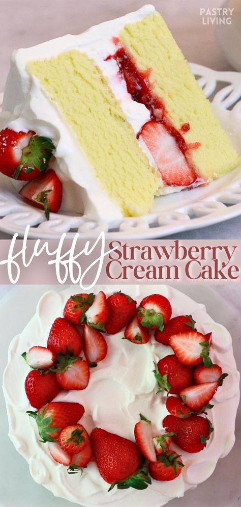 a slice of strawberry cream cake and the whole cake Strawberry Torte Cake, Whipped Cream And Strawberries, Strawberry Cream Cake, Cream And Strawberries, Sweet Dessert Recipes, Strawberry Cream Cakes, Birthday Cake Decorating Ideas, Strawberry Dessert Recipes, Stunning Cakes