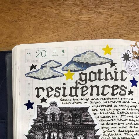 Georgia on Instagram: "Another gothic page because I can’t stop referring to my uni modules in my journal! This one began with my drawing of the American gothic house. I hope no calligrapher looks too close at my lettering🫣 #creativejournaling #creativejournal #hobonichicousin #hobonichi" Georgia Gothic, American Gothic House, Gothic Journal, Hobonichi Cousin, American Gothic, My Journal, Because I Can, Creative Journal, Gothic House