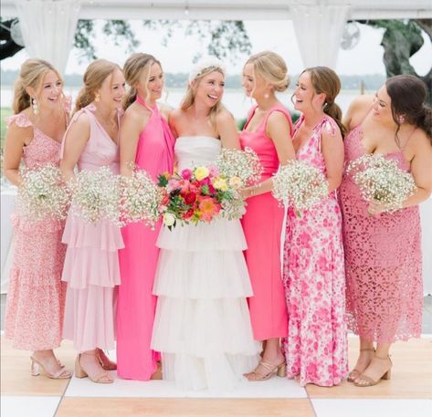 Pink Bridesmaid Dresses Mismatched, Pink Bridal Party, Hot Pink Bridesmaid Dresses, Bright Pink Wedding, Hot Pink Bridesmaids, Light Pink Bridesmaid Dresses, Coral Bridesmaid, Gorgeous Bridesmaid Dresses, Hot Pink Weddings