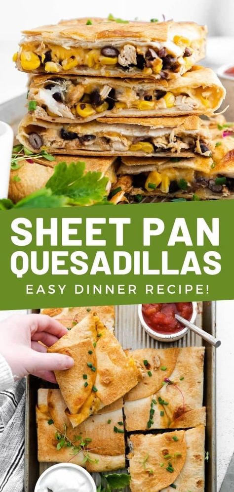 This easy Sheet Pan Quesadilla is a fun, easy and delicious recipe to make for lunch or dinner. It's a great option for parties too! Sheet Pan Quesadilla, Pan Quesadilla, Chicken Quesadilla Recipe, Quesadilla Recipe, Easy Sheet Pan Dinners, Sheet Pan Dinners Recipes, Recipe Sheets, Dinners Recipes, Cooking Chicken To Shred